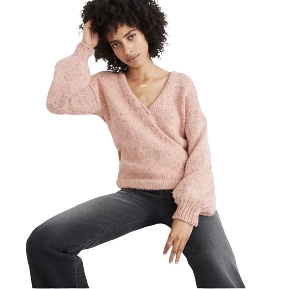 Madewell Beresford Wrap Front Pullover Sweater V Neck Chunky Flecked Yarn AD045 - Picture 2 of 11